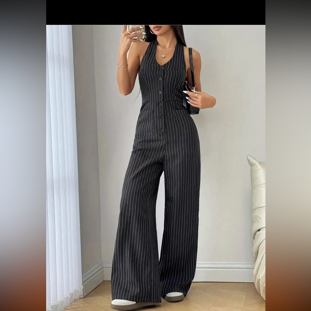 Women’s Black Pinstripe Wide-Leg Jumpsuit.  M-L - Picture 5 of 5
